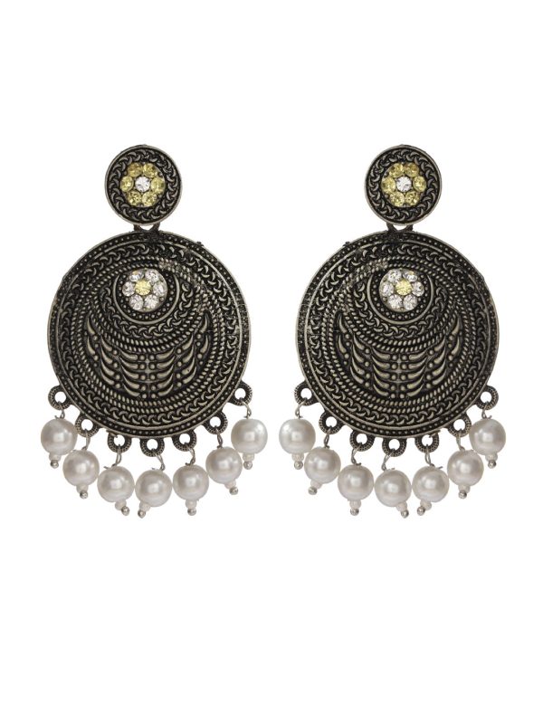 Priyaasi Women Floral Oxidised Silver Pearl Drop Earrings For Discount