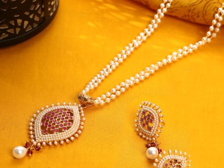 Priyaasi Women White Beads Ruby Gold Plated Pendant Set Online