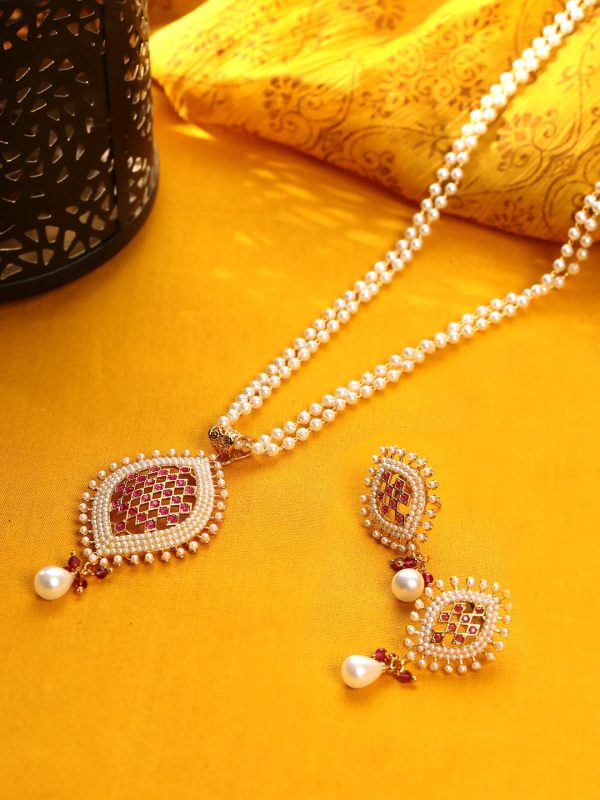 Priyaasi Women White Beads Ruby Gold Plated Pendant Set Online