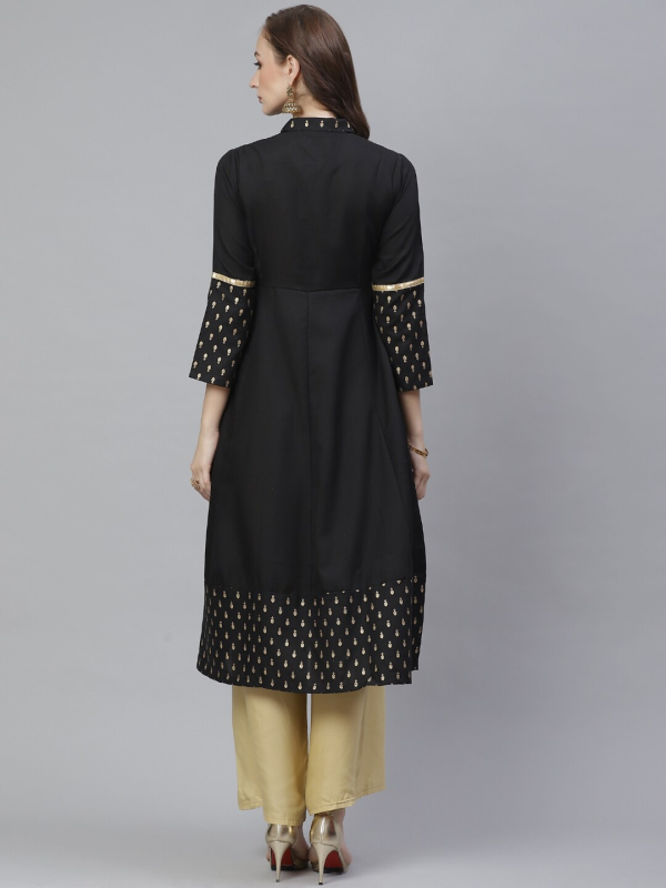 Wahe-NOOR Women s Black & Golden Ethnic Print Anarkali Kurta Online Sale