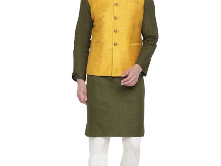 Vastramay Men s Green Cotton Linen Blend Jacket, Kurta and Pyjama Set For Discount