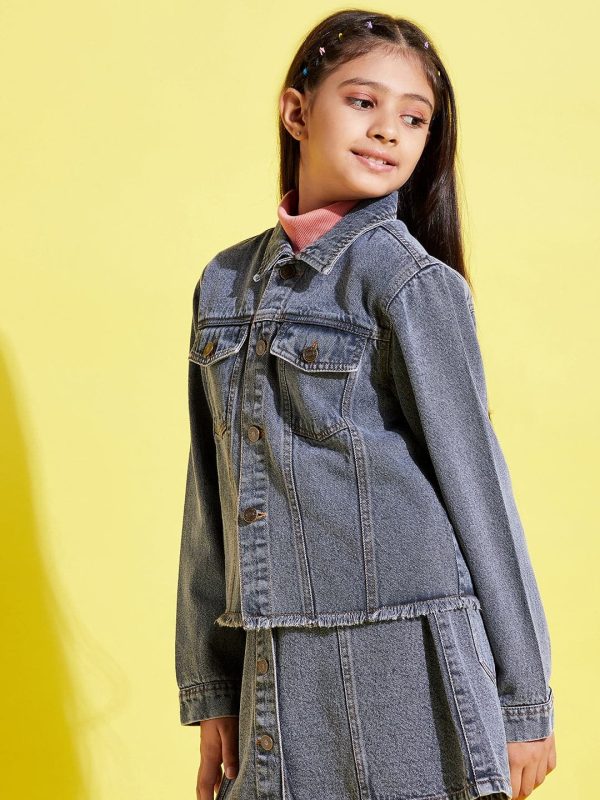 Lyush Grey Acid Wash Raw Hem Denim Crop Jacket For Girls For Sale