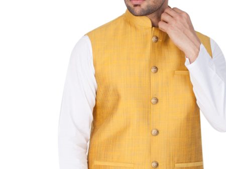 Vastramay Men s Gold Cotton Silk Nehru Jacket Sale