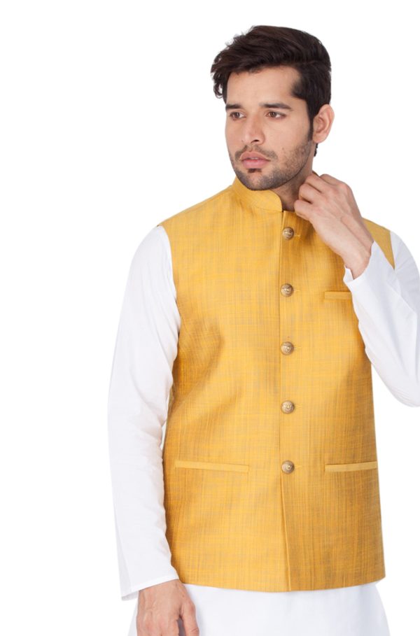 Vastramay Men s Gold Cotton Silk Nehru Jacket Sale