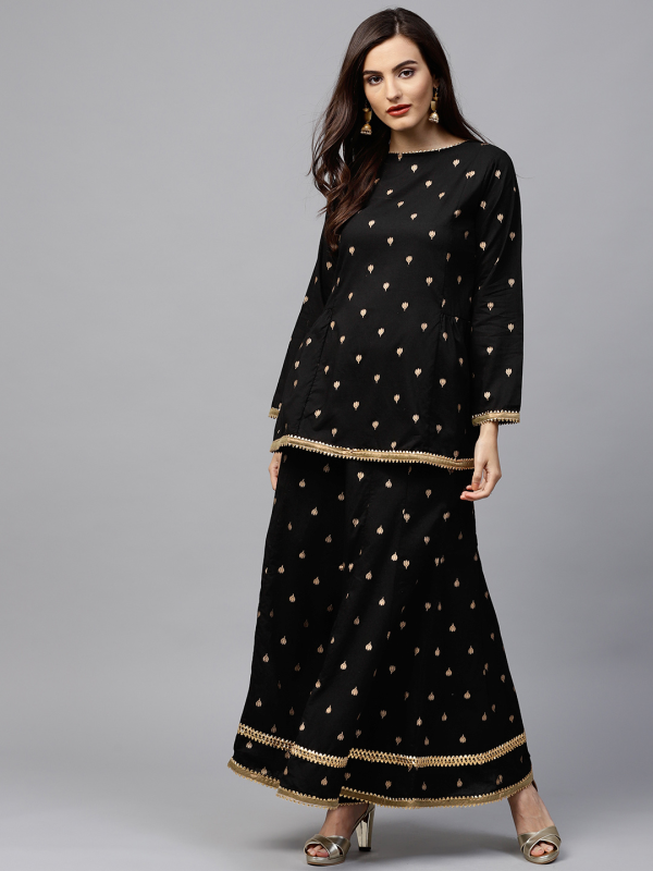 Wahe-NOOR Women s Black & Golden Printed Kurti With Palazzos Supply