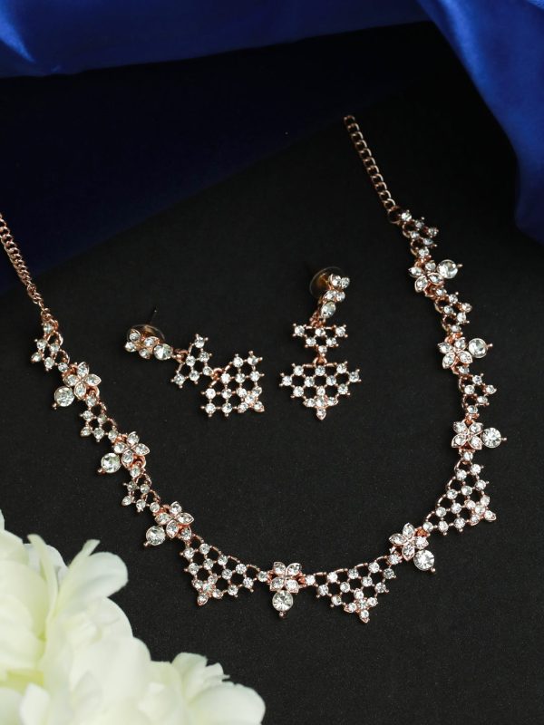 Priyaasi Women Floral American Diamond Rose Gold Plated Jewellery Set Online now