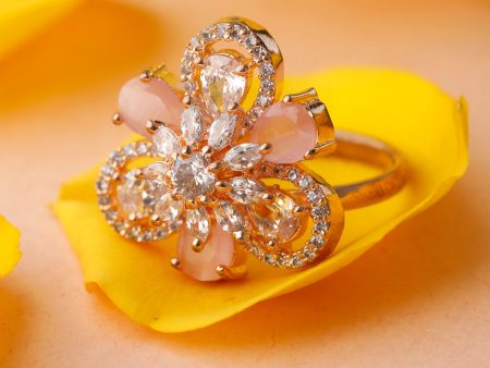 Priyaasi Women Contemporary Pink American Diamond Rose Gold Floral Ring For Sale