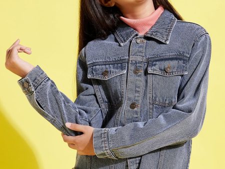 Lyush Grey Acid Wash Raw Hem Denim Crop Jacket For Girls For Sale