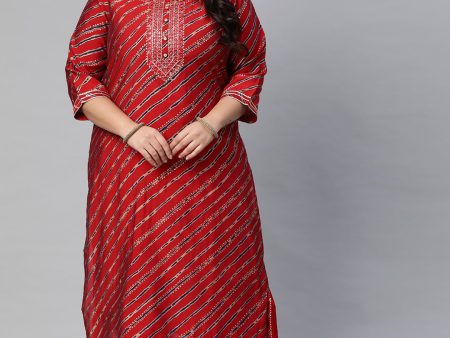 Wahe-NOOR Women s Red Lahariya Kurta With Cotton Flex Pant Set For Sale