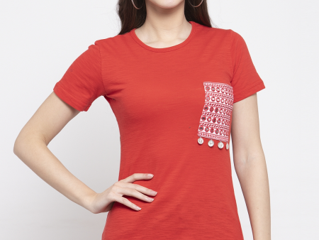 Wahe-NOOR Women s Red Solid Round Neck T-Shirt Supply