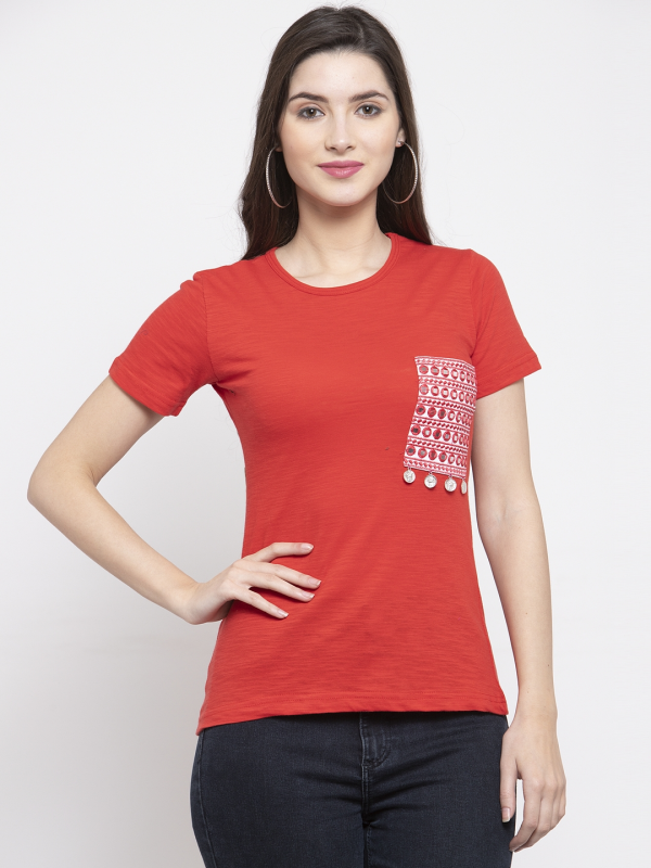 Wahe-NOOR Women s Red Solid Round Neck T-Shirt Supply