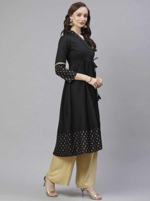 Wahe-NOOR Women s Black & Golden Ethnic Print Anarkali Kurta Online Sale