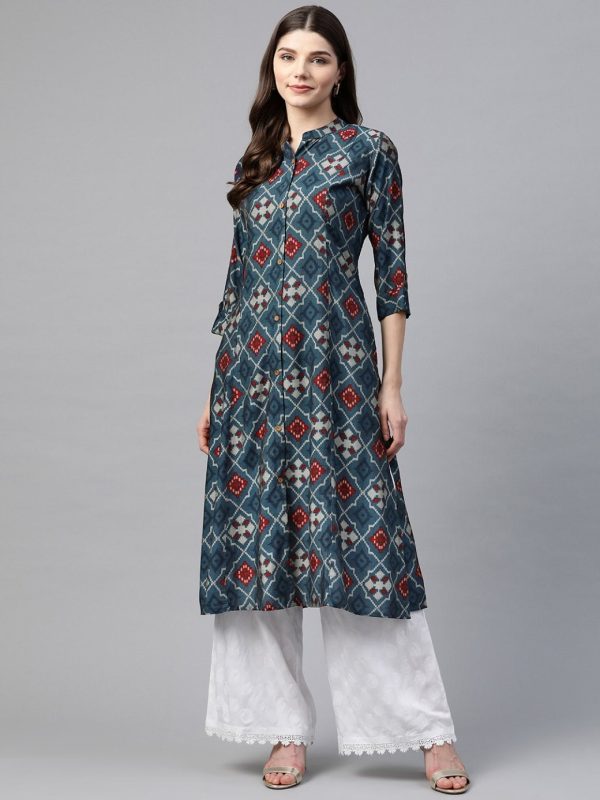 Wahe-NOOR Women s A-Line Printed Rayon Kurta Sale