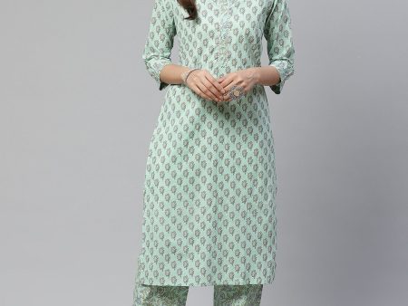 Wahe-NOOR Women s Sea Green Cotton Printed Kurti Pant Set For Sale