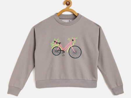 Lyush Grey Terry Embroidered Bicycle Sweatshirt For Girls on Sale