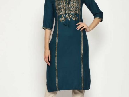 Maai Rayon Hand Printed Kurta Navy Hot on Sale