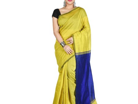 Desh Bidesh Bengal Cotton Mustard yellow & Blue Tant Women s Bengal Half Half Ghicha Handloom Cotton Silk Saree With Blouse Piece Online Hot Sale