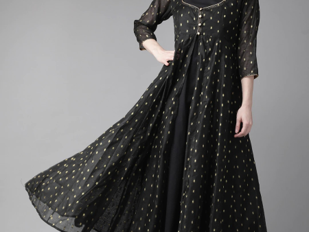 Wahe-NOOR Women s Black & Golden Self Design Layered Maxi Dress Hot on Sale