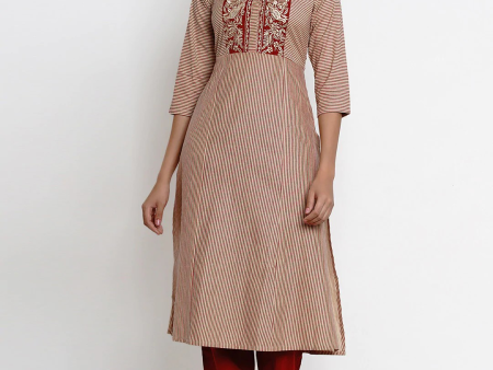 Wahe-NOOR Women s Beige & Maroon Striped Kurti With Palazzos Online