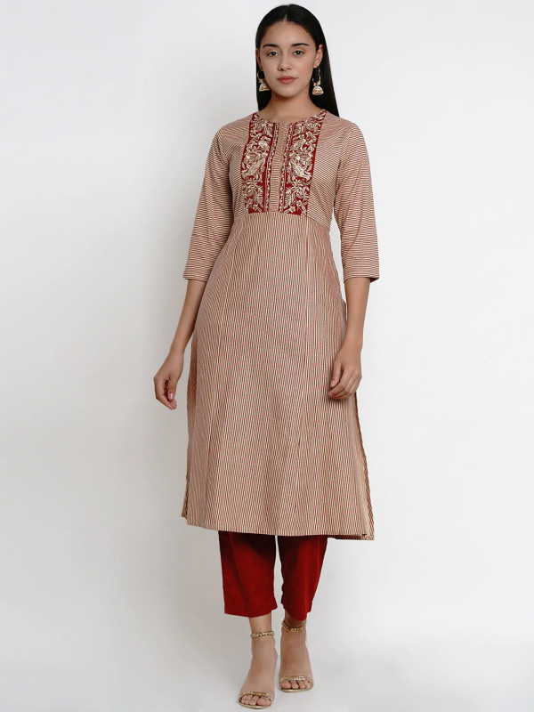 Wahe-NOOR Women s Beige & Maroon Striped Kurti With Palazzos Online