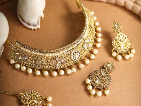 Priyaasi Women White Kundan Gold Plated Choker Set with MaangTikka For Cheap