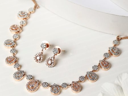 Priyaasi Women Elegant Teardrop Shaped American Diamond Rose Gold Jewellery Set Online