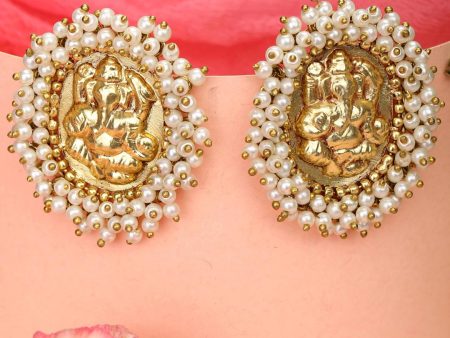 Priyaasi Women White Beads Gold Plated Temple Stud Earrings For Cheap