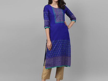 Maai Rayon Hand Printed Kurta Blue Hot on Sale