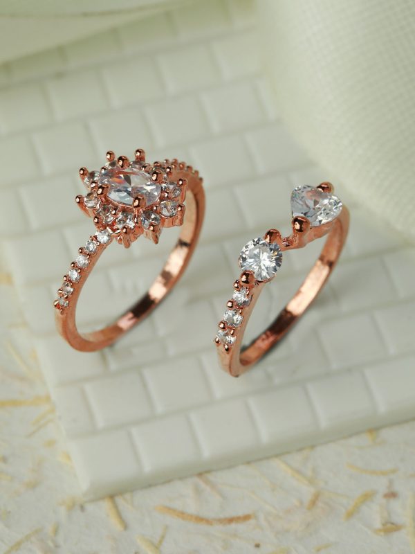 Priyaasi Women Floral American Diamond Rose Gold Plated Ring Set of 2 Fashion