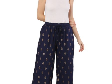 PAVONINE Navy Blue Color Full Golden Leaf Print Palazzo For Women Pant Hot on Sale