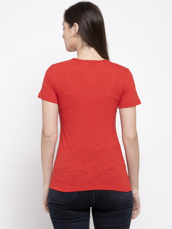 Wahe-NOOR Women s Red Solid Round Neck T-Shirt Supply