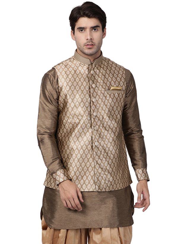 Vastramay Men s Gold Silk Blend Nehru Jacket Online now