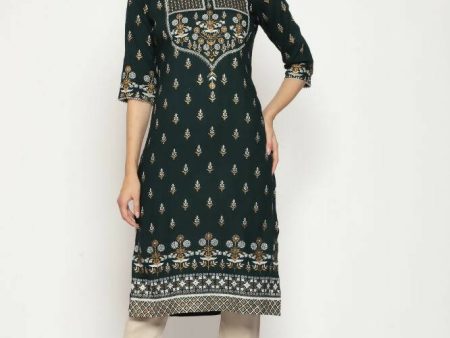 Maai Rayon Hand Printed Kurta Green Online Hot Sale