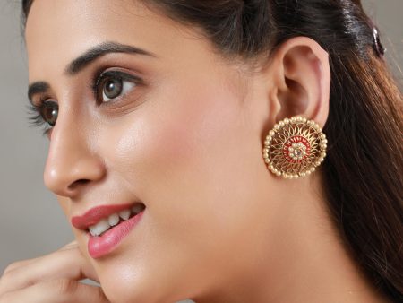 Priyaasi Women Floral Red Pearl Gold Plated Earrings Supply