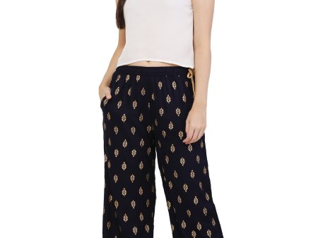 PAVONINE Black Color Full Golden Leaf Print Palazzo For Women Pant Cheap