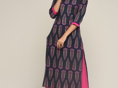 Maai Rayon Hand Printed Kurta Navy For Cheap