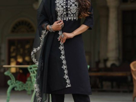 Juniper Women s Black Chinnon Solid Embroidered Kurta Set Online Hot Sale