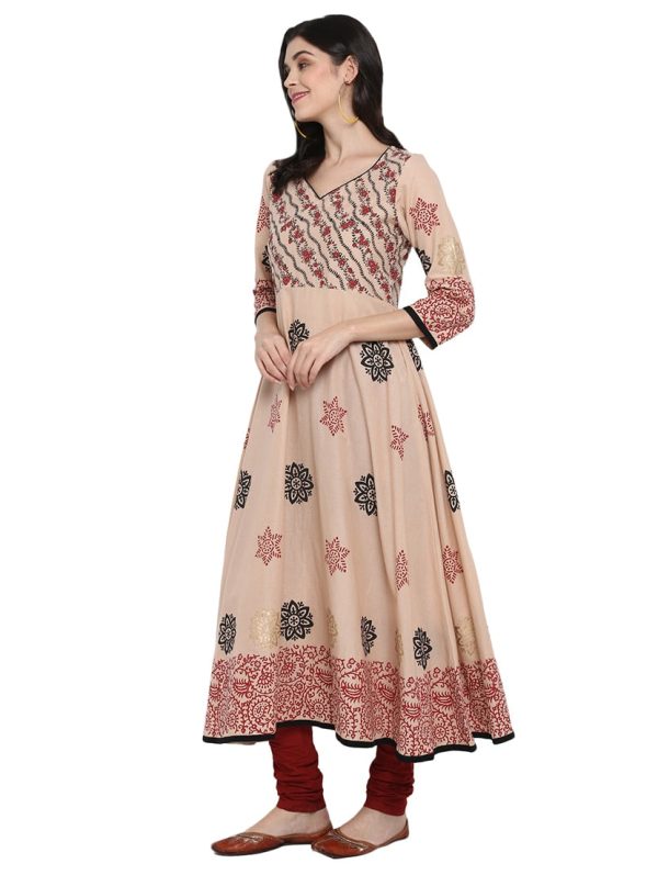 Wahe-NOOR Women s Beige Block Print Anarkali Kurta For Cheap