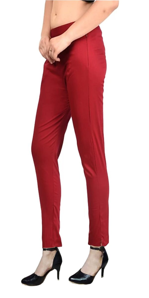 PAVONINE Maroon Color Stretchable Cotton Lycra Fabric Pencil Pant For Women Online Sale