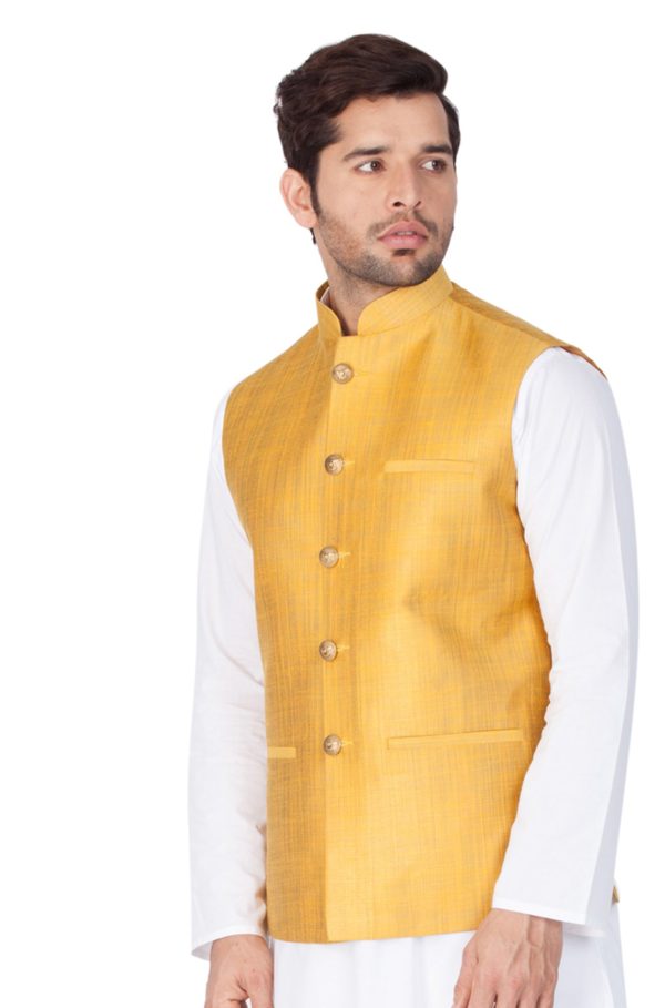 Vastramay Men s Gold Cotton Silk Nehru Jacket Sale