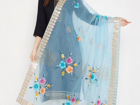 Wahe-NOOR Women s Sky Blue Printed Organza Dupatta For Sale