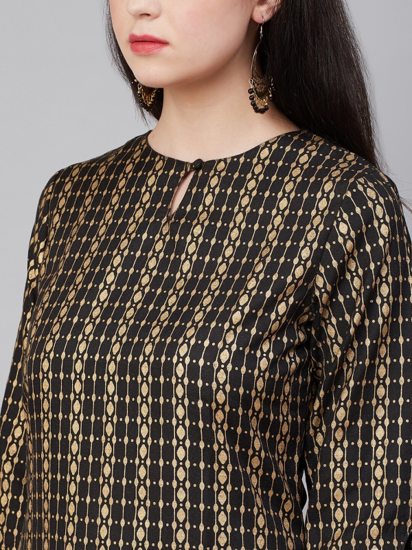 Wahe-NOOR Women s Black & Golden Block Print Straight Kurta For Discount