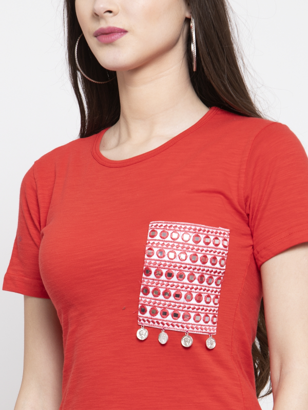 Wahe-NOOR Women s Red Solid Round Neck T-Shirt Supply