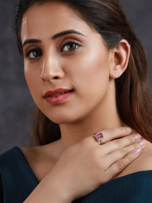 Priyaasi Women Dark Pink Silver Plated Solitaire Ring Sale