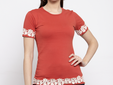 Wahe-NOOR Women s Rust Red Solid Round Neck T-Shirt Online