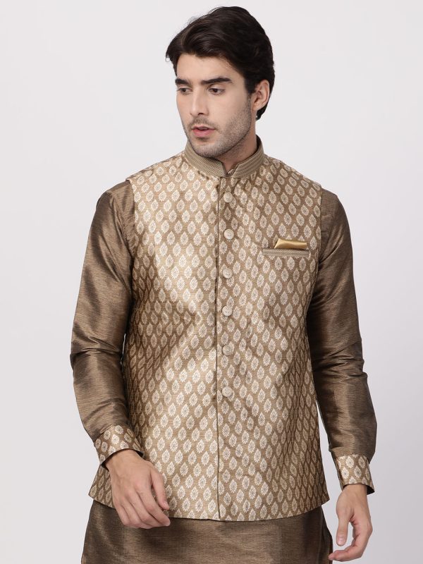 Vastramay Men s Gold Silk Blend Nehru Jacket Online now