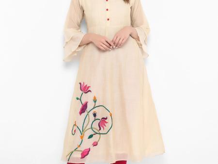 Wahe-NOOR Women s Beige & Pink Embroidered Kurta With Churidar For Sale