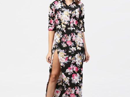 NOZ2TOZ Black Printed 3 4th Sleeve One Side Slit Dress With Belt on Sale