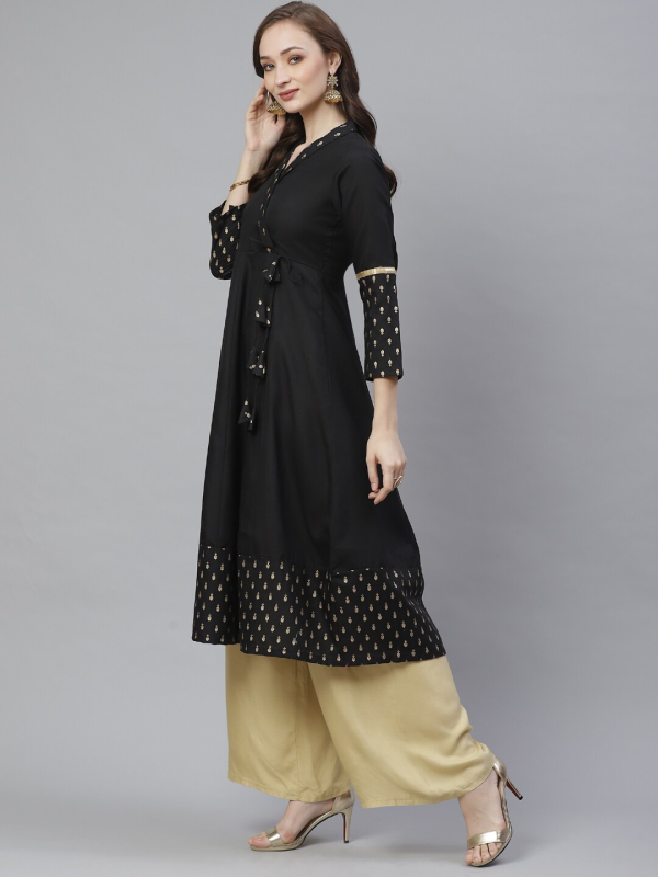 Wahe-NOOR Women s Black & Golden Ethnic Print Anarkali Kurta Online Sale