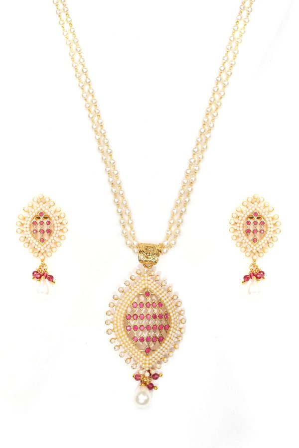 Priyaasi Women White Beads Ruby Gold Plated Pendant Set Online